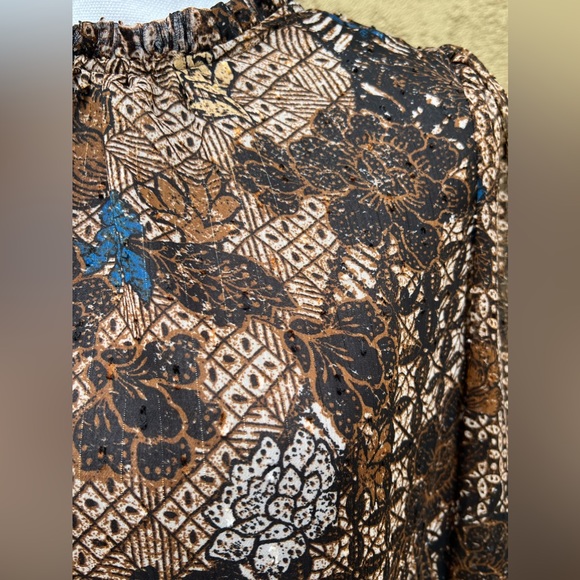 JOIE Long Sleeve Brown Floral and Metallic Blouse - Picture 9 of 13